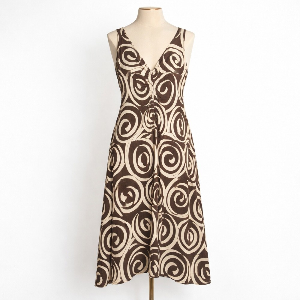 London Times Y2K Abstract Asymmetric Midi Dress Brown Size 12 Indie Swirl Ruched